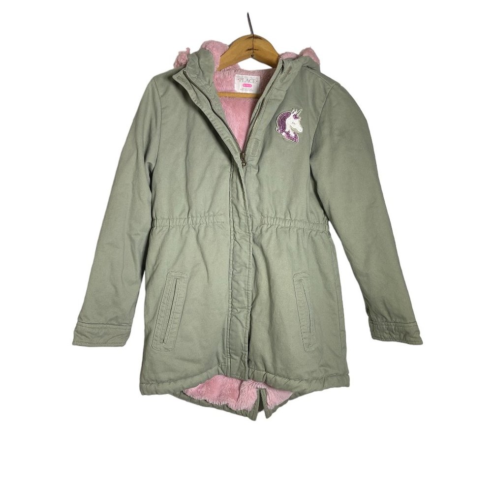 The Children's Place Green Army Long Sequin Unicorn Jacket Pink Fur Size 14